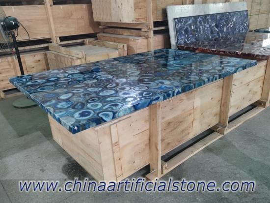 tablero de mesa rectangular de ágata azul